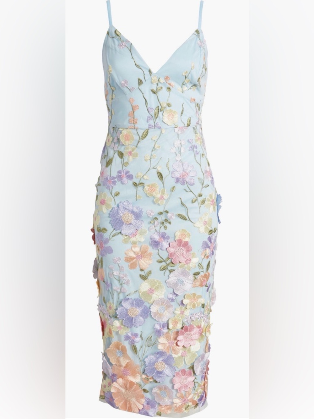 bebe Light Blue Midi Dress with Pastel Floral Embroidery